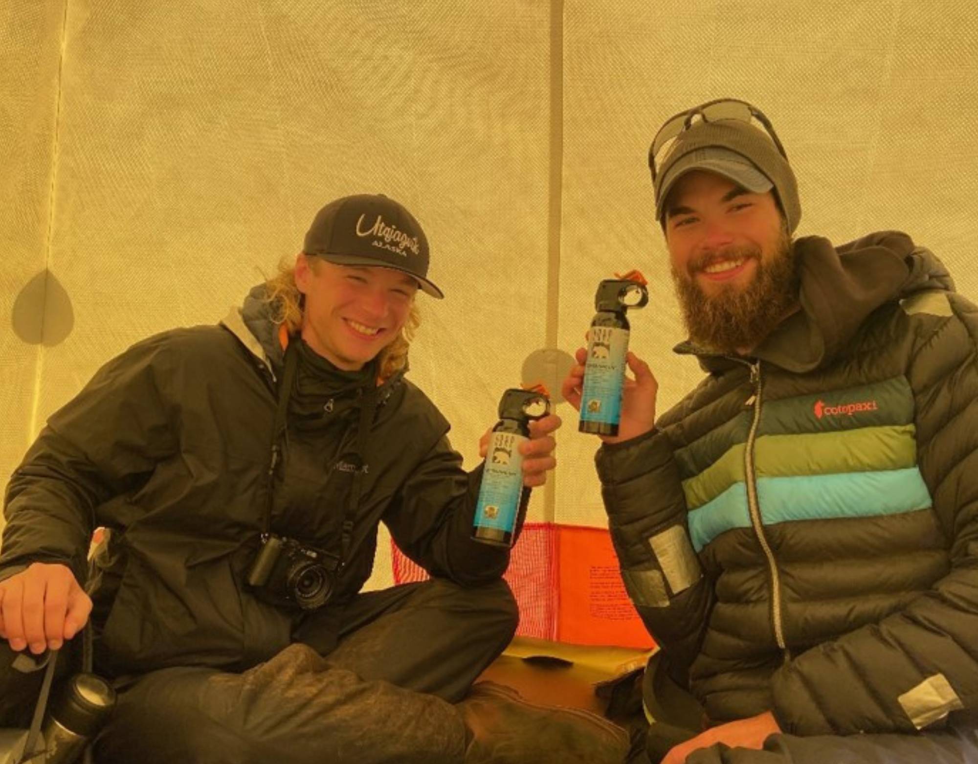 Justin and Taylor show off their (inert) bear spray